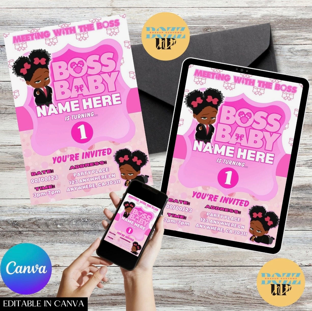 Pink Boss Baby Girl editable invitation template displayed on printed card, tablet, and phone screen, customizable in Canva for birthday or party events.