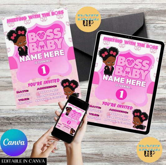 Pink Boss Baby Girl editable invitation template displayed on printed card, tablet, and phone screen, customizable in Canva for birthday or party events.